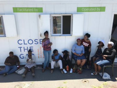 Quirky30 students outside their mobile classroom